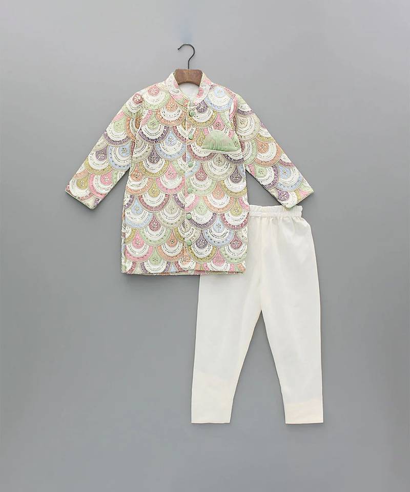 White embroidered cotton silk bandhgala set