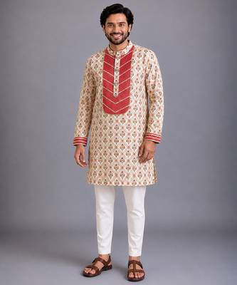 Coral printed cotton silk kurta set 1