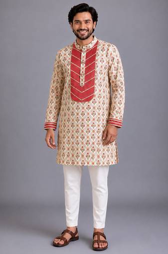 Coral printed cotton silk kurta set