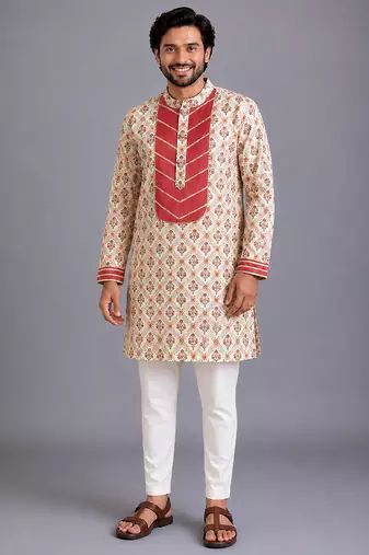 Coral printed cotton silk kurta set
