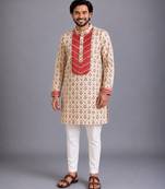 Coral printed cotton silk kurta set