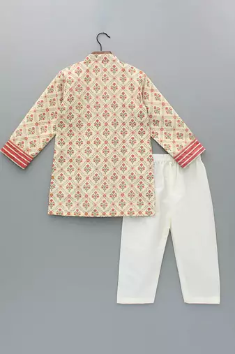 Coral printed cotton silk kurta set