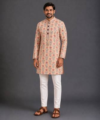 Rose pink printed cotton silk kurta set 1