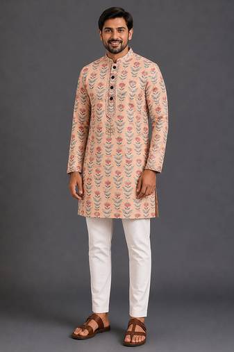 Rose pink printed cotton silk kurta set