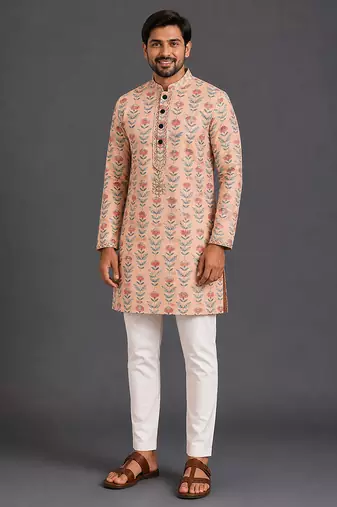 Rose pink printed cotton silk kurta set