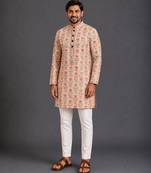 Rose pink printed cotton silk kurta set