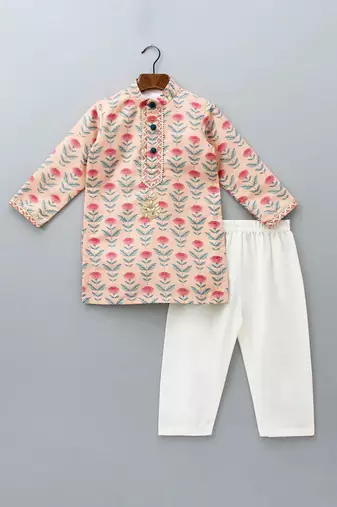 Rose pink printed cotton silk kurta set