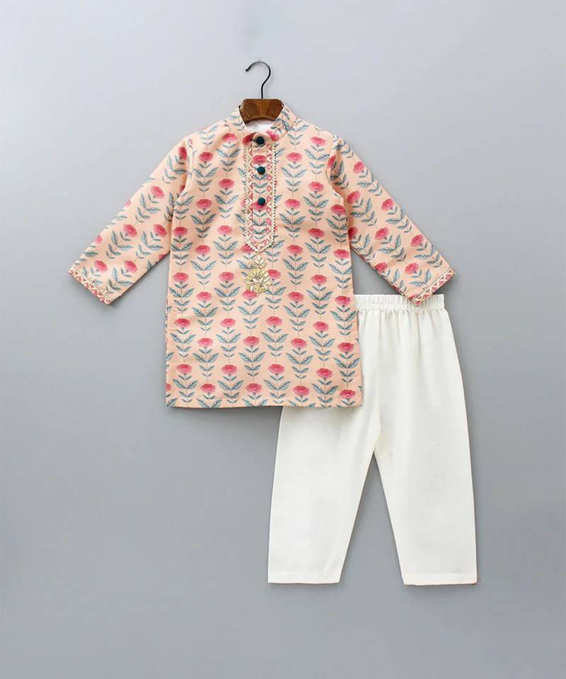 Rose pink printed cotton silk kurta set