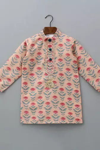 Rose pink printed cotton silk kurta set