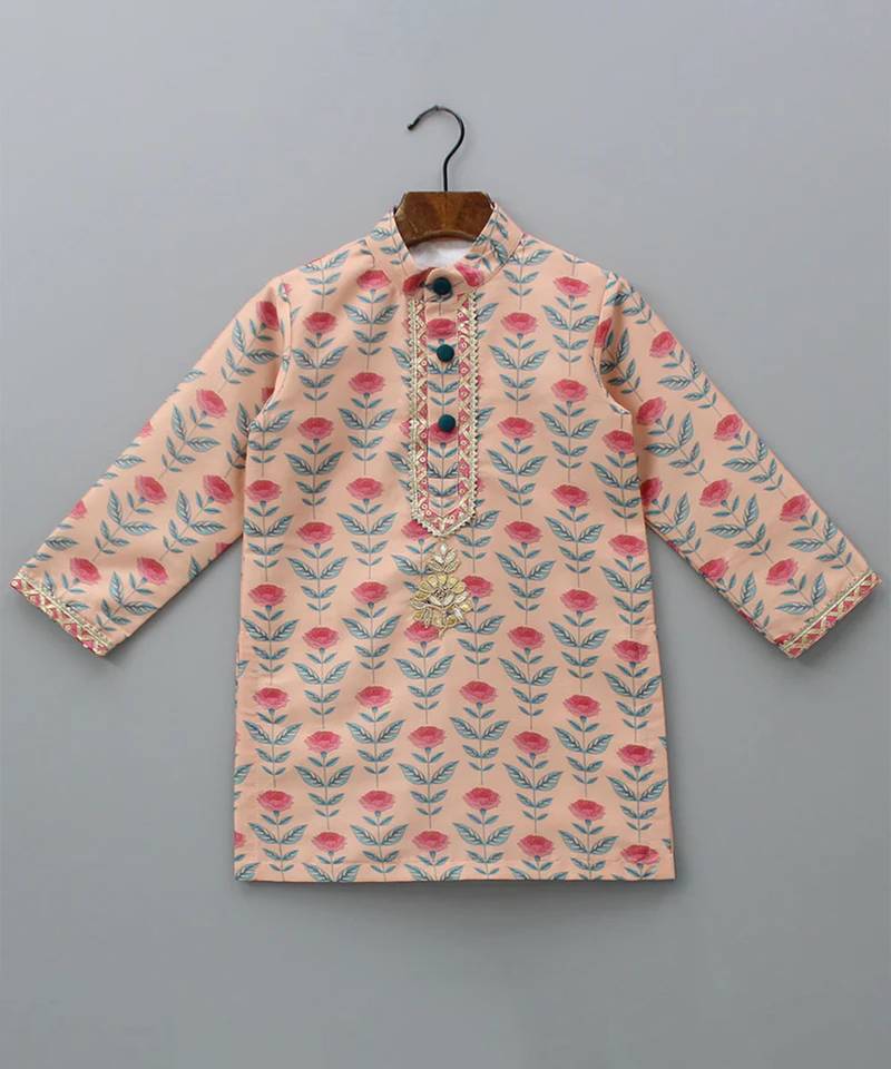 Rose pink printed cotton silk kurta set