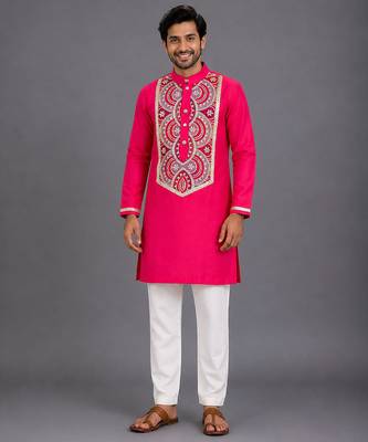 Pink embroidered cotton silk kurta set 1