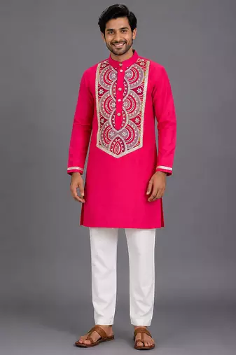 Pink embroidered cotton silk kurta set