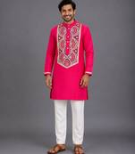 Pink embroidered cotton silk kurta set