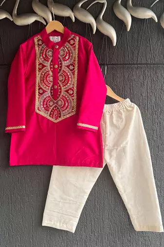 Pink embroidered cotton silk kurta set