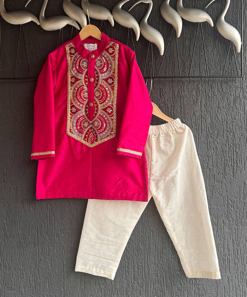 Pink embroidered cotton silk kurta set