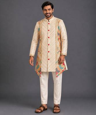 Off white embroidered cotton silk kurta set 1