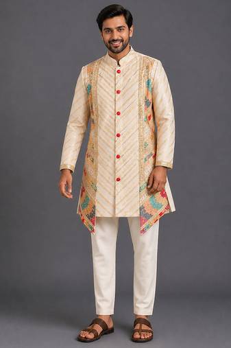 Off white embroidered cotton silk kurta set