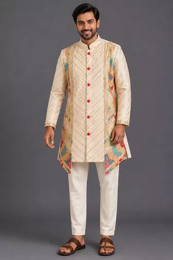 Off white embroidered cotton silk kurta set
