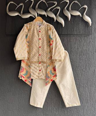 Off white embroidered cotton silk kurta set 3