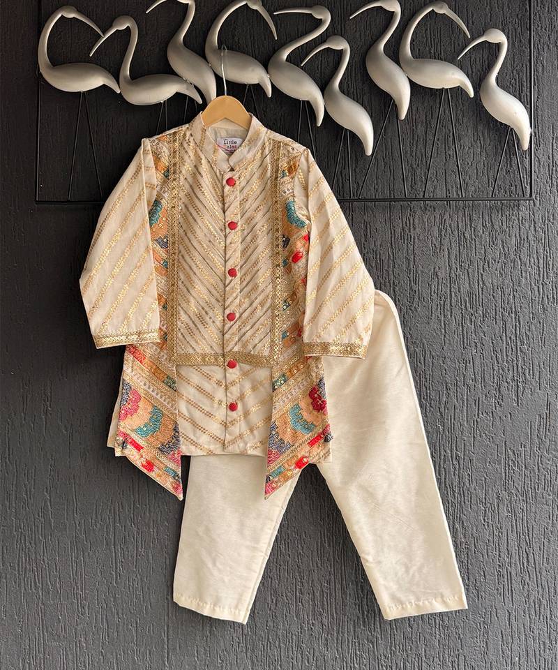 Off white embroidered cotton silk kurta set