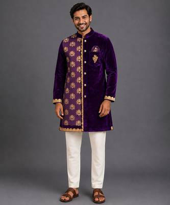 Purple embroidered cotton silk kurta set 1
