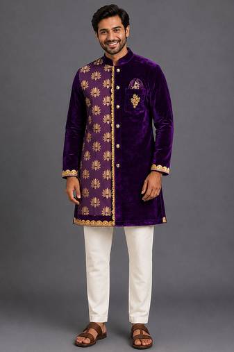 Purple embroidered cotton silk kurta set