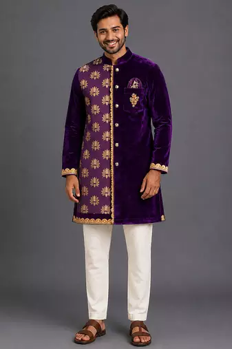 Purple embroidered cotton silk kurta set