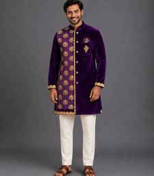 Purple embroidered cotton silk kurta set