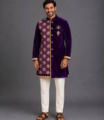 Purple embroidered cotton silk kurta set