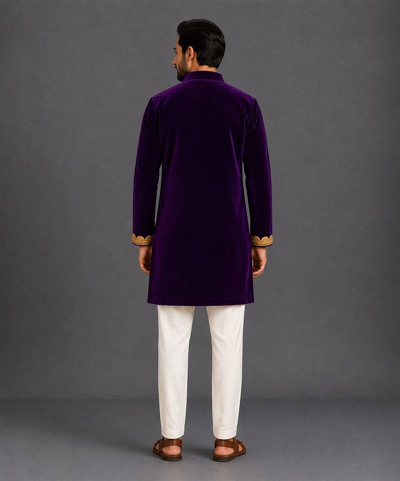 Purple embroidered cotton silk kurta set