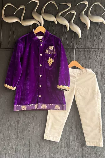 Purple embroidered cotton silk kurta set