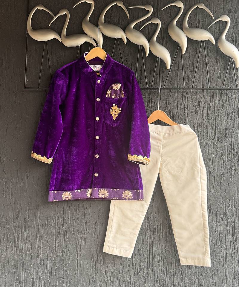 Purple embroidered cotton silk kurta set
