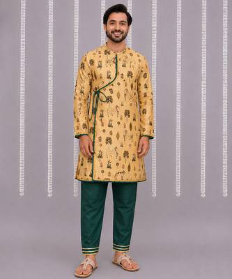 Beige printed cotton silk kurta set 1