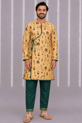 Beige printed cotton silk kurta set
