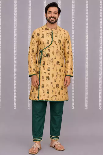 Beige printed cotton silk kurta set