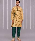 Beige printed cotton silk kurta set