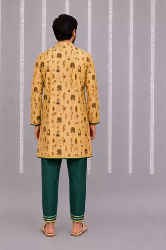 Beige printed cotton silk kurta set