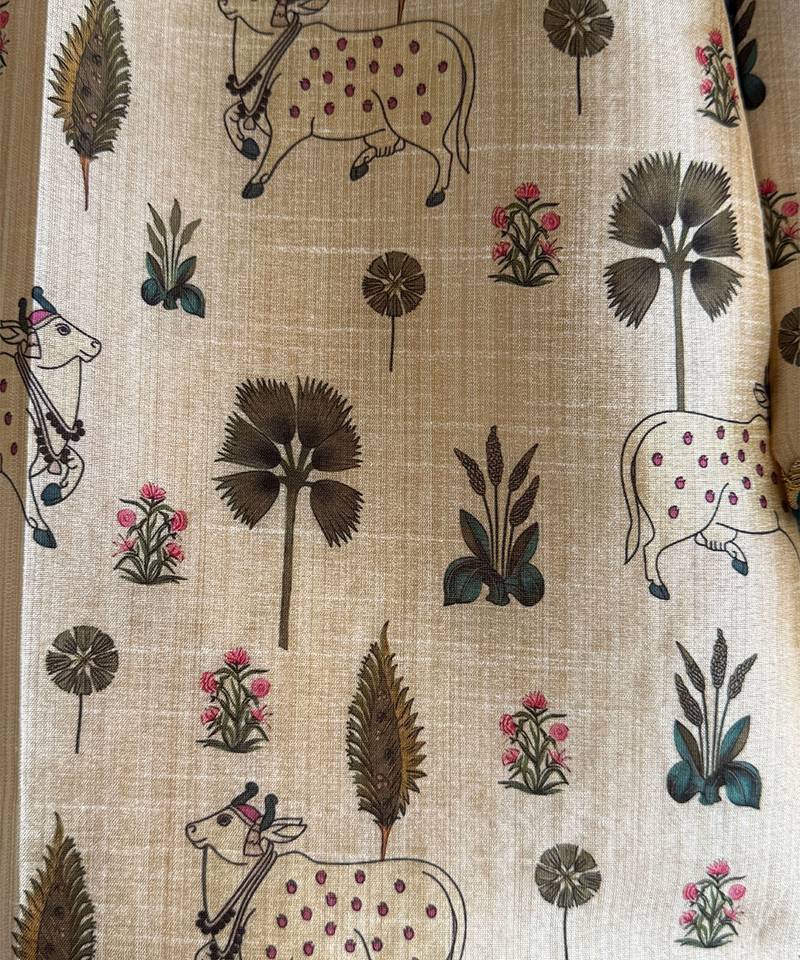 Beige printed cotton silk kurta set