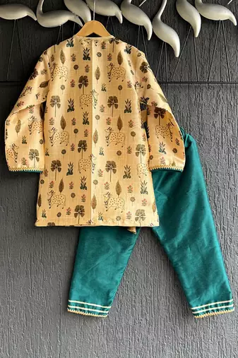 Beige printed cotton silk kurta set
