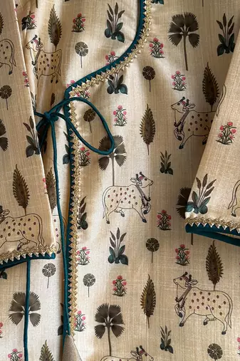 Beige printed cotton silk kurta set