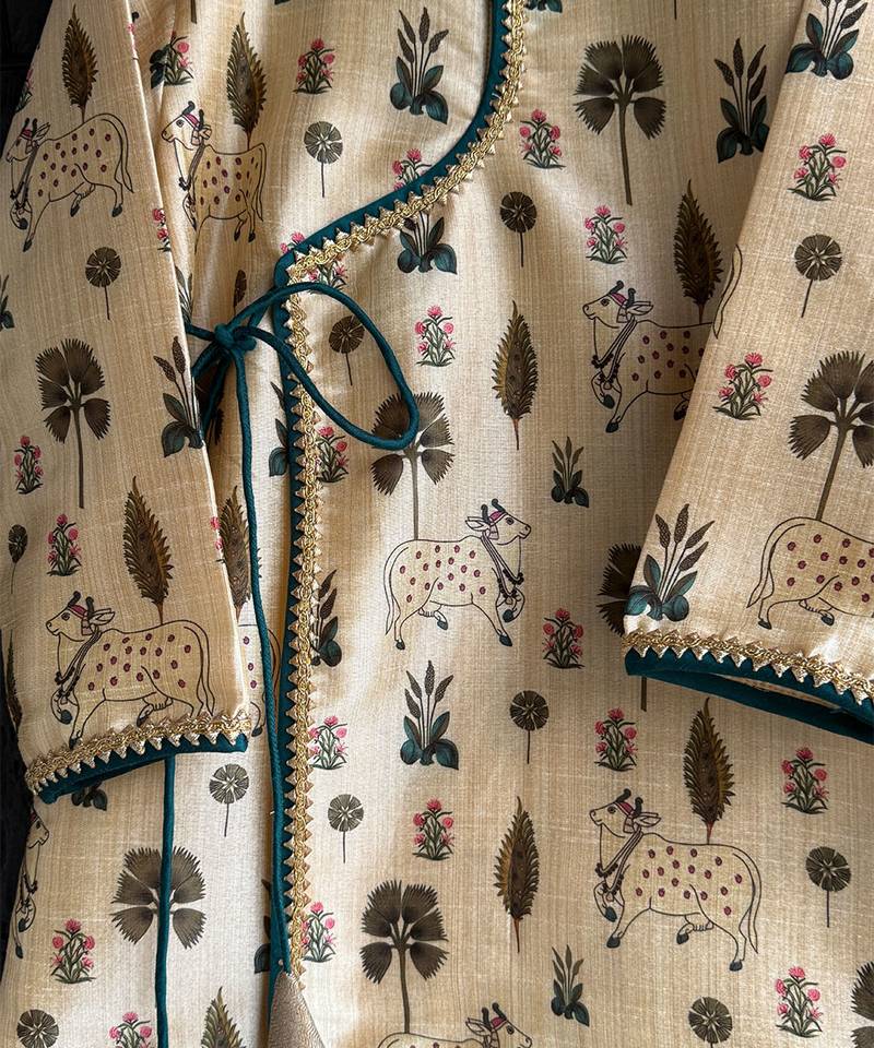 Beige printed cotton silk kurta set