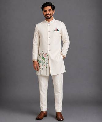 Off white embroidered cotton silk bandhgala set 1