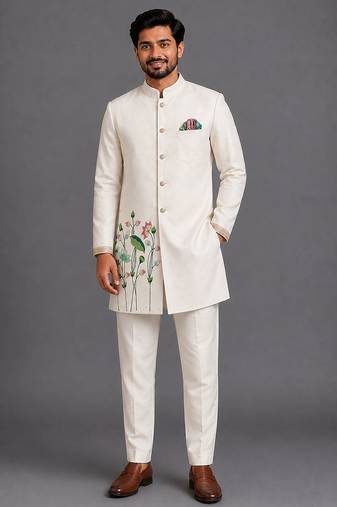 Off white embroidered cotton silk bandhgala set