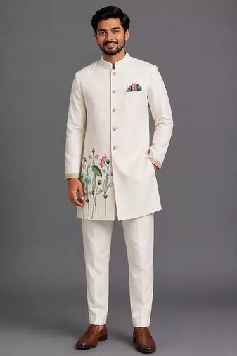 Off white embroidered cotton silk bandhgala set