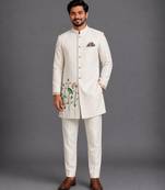 Off white embroidered cotton silk bandhgala set