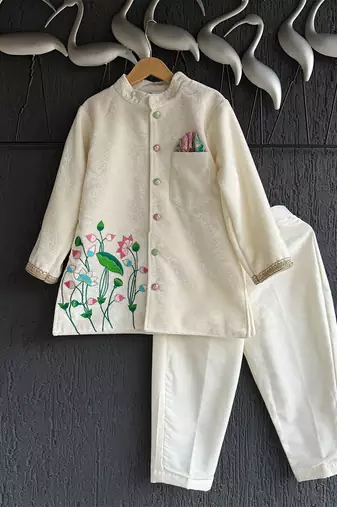 Off white embroidered cotton silk bandhgala set