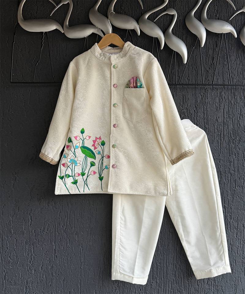 Off white embroidered cotton silk bandhgala set