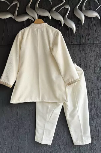 Off white embroidered cotton silk bandhgala set