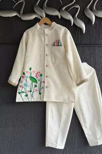 Off white embroidered cotton silk bandhgala set