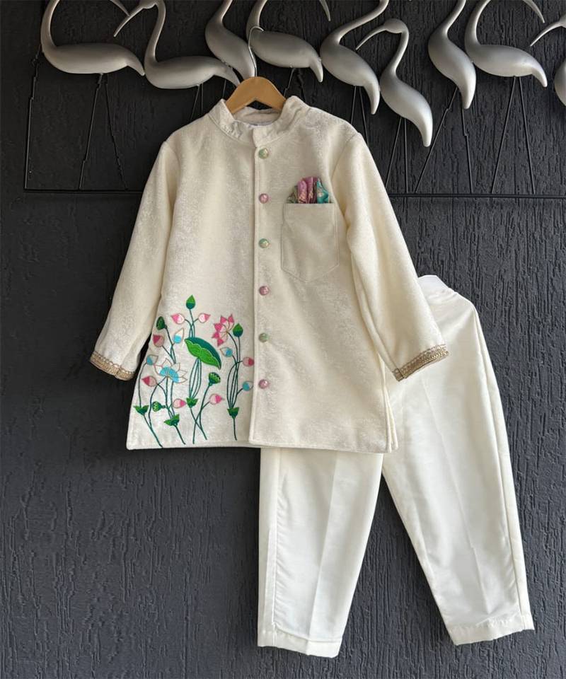 Off white embroidered cotton silk bandhgala set